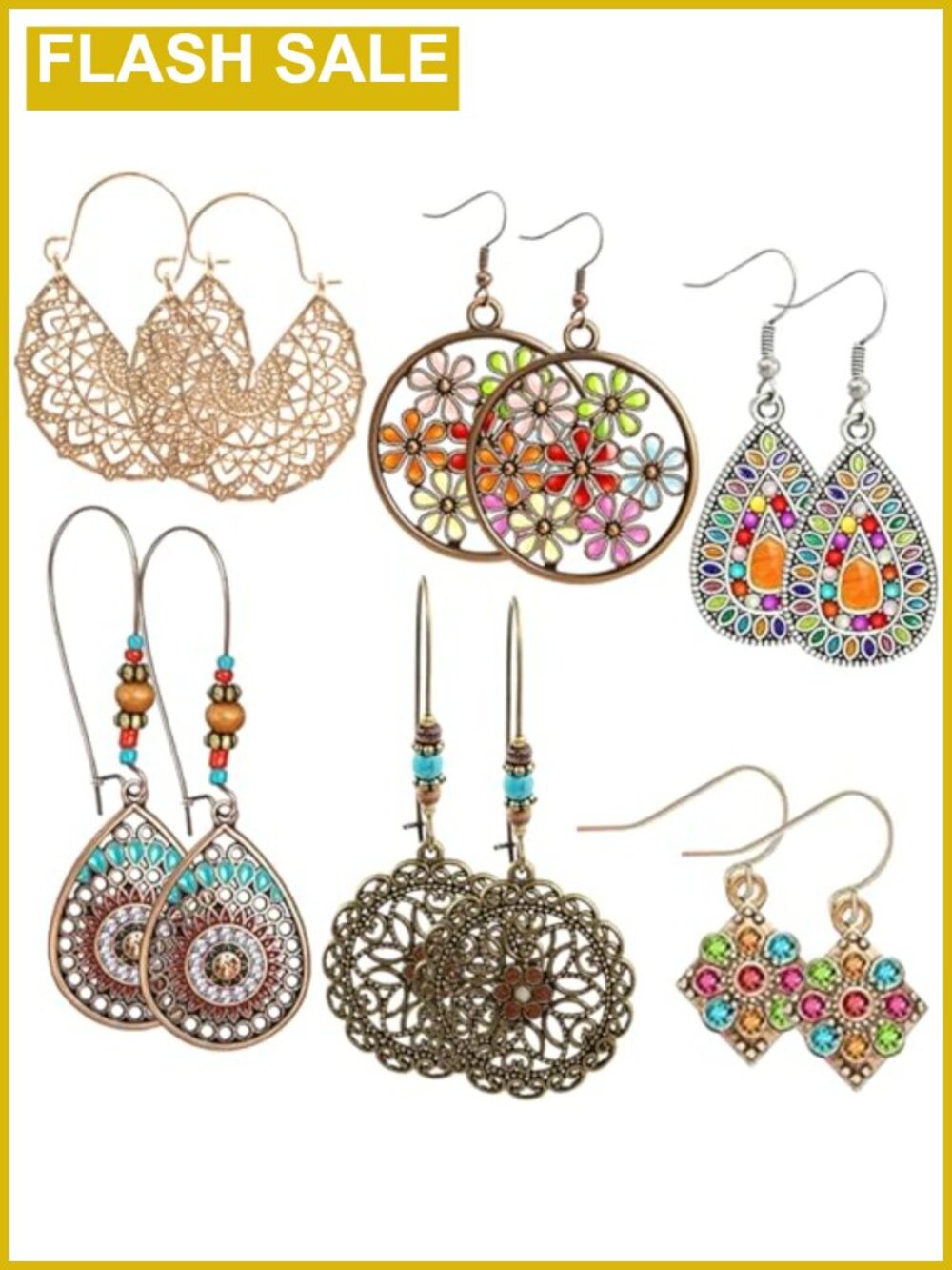 6 Pairs Bohemian Drop Dangle Earrings Alloy Rhinestone Boho Jewelry Set